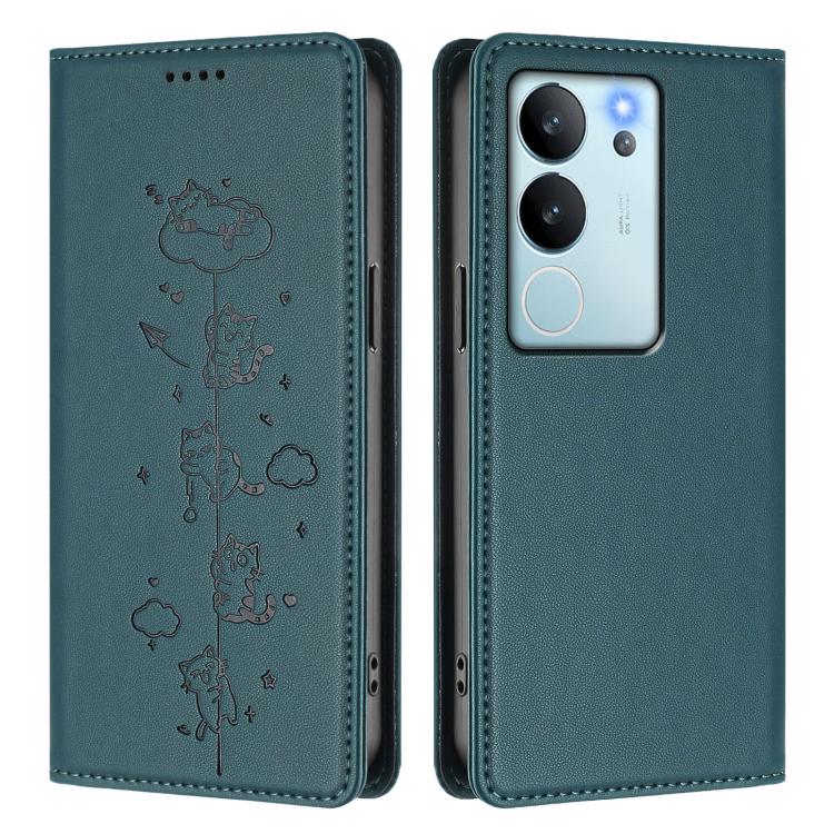 For vivo V29e / Y200 / V30 Lite 5G Cute Cats Embossed Magnetic RFID Vegan Leather Phone Case