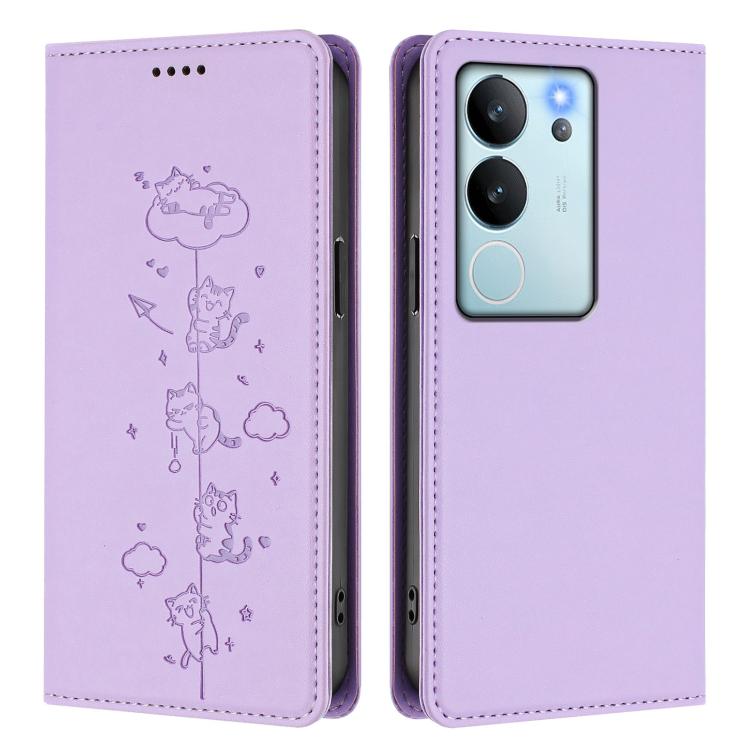 For vivo V29e / Y200 / V30 Lite 5G Cute Cats Embossed Magnetic RFID Vegan Leather Phone Case