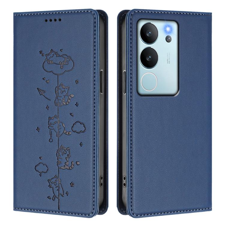 For vivo V29e / Y200 / V30 Lite 5G Cute Cats Embossed Magnetic RFID Vegan Leather Phone Case