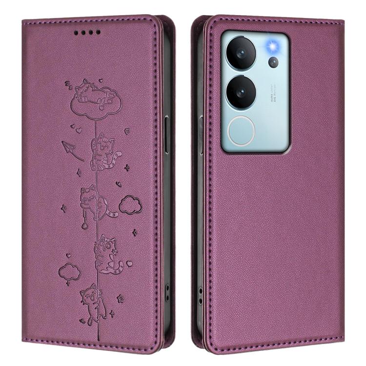 For vivo V29e / Y200 / V30 Lite 5G Cute Cats Embossed Magnetic RFID Vegan Leather Phone Case