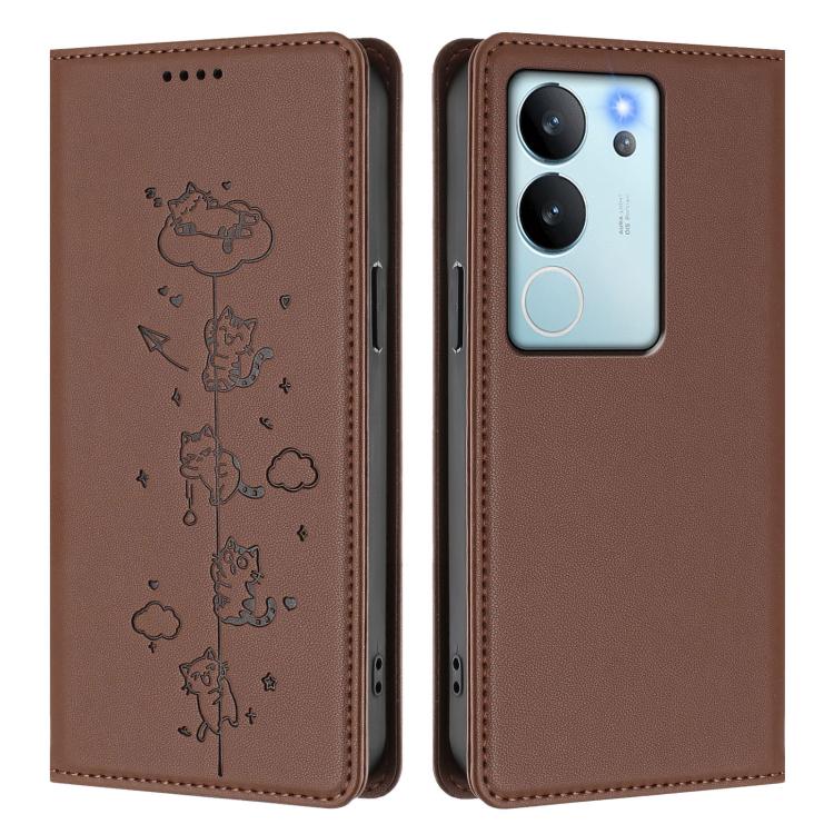 For vivo V29e / Y200 / V30 Lite 5G Cute Cats Embossed Magnetic RFID Vegan Leather Phone Case