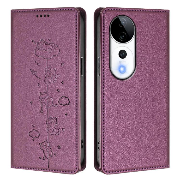 For vivo V40 / V40 Pro / T3 Ultra 5G Cute Cats Embossed Magnetic RFID Vegan Leather Phone Case