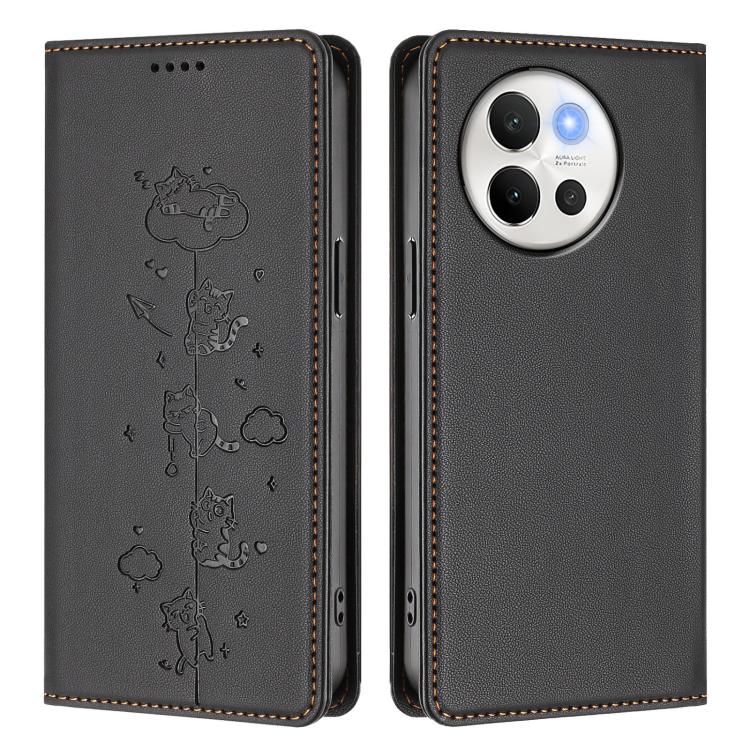 For vivo V40 Lite / V30e 5G Cute Cats Embossed Magnetic RFID Vegan Leather Phone Case