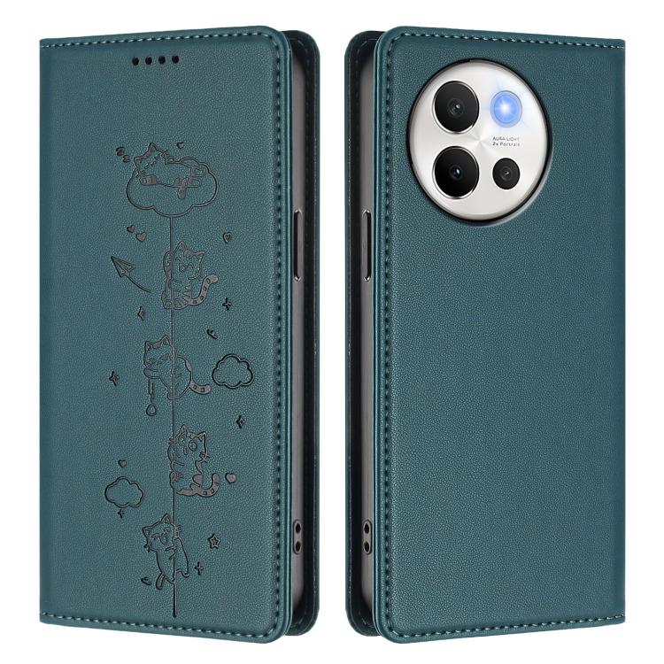 For vivo V40 Lite / V30e 5G Cute Cats Embossed Magnetic RFID Vegan Leather Phone Case