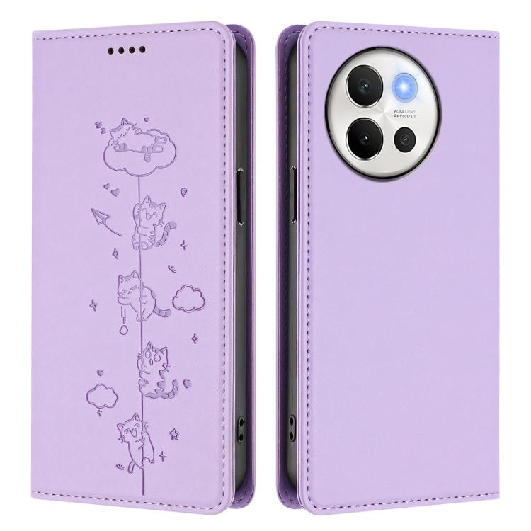 For vivo V40 Lite / V30e 5G Cute Cats Embossed Magnetic RFID Vegan Leather Phone Case