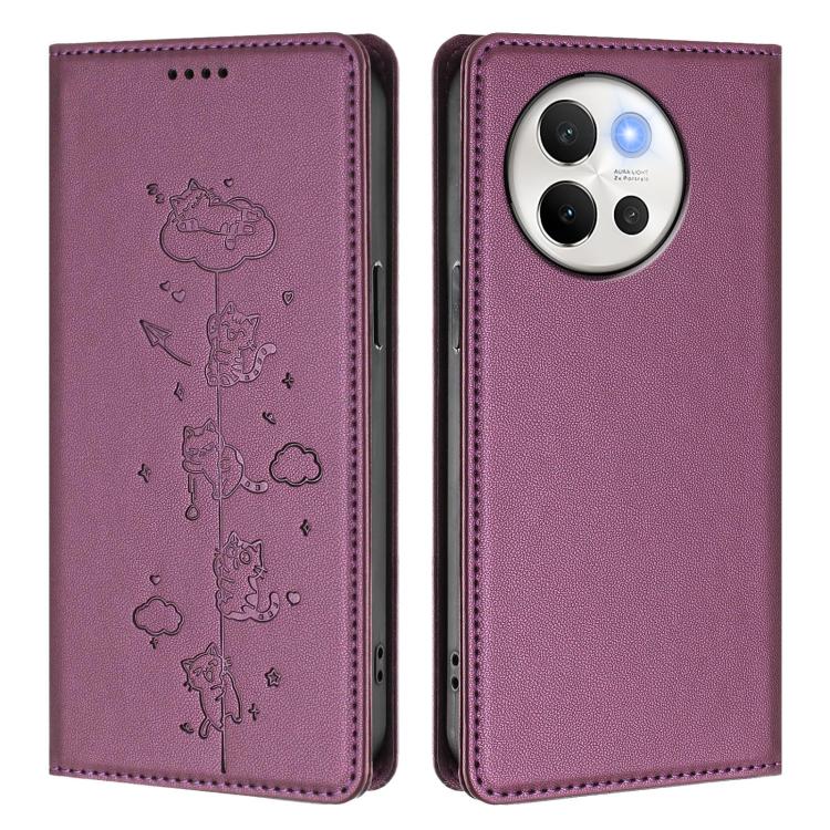 For vivo V40 Lite / V30e 5G Cute Cats Embossed Magnetic RFID Vegan Leather Phone Case