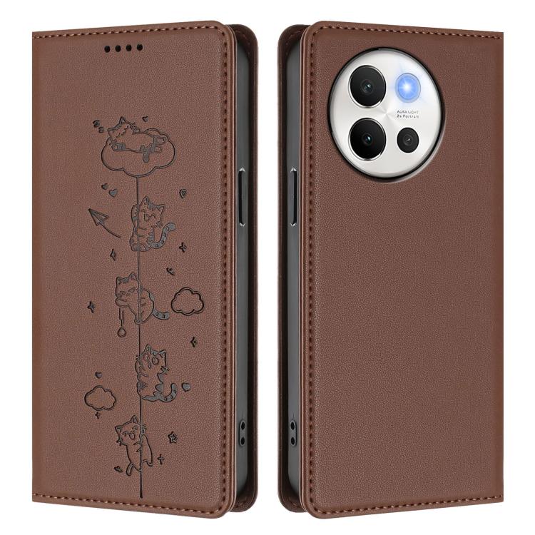 For vivo V40 Lite / V30e 5G Cute Cats Embossed Magnetic RFID Vegan Leather Phone Case