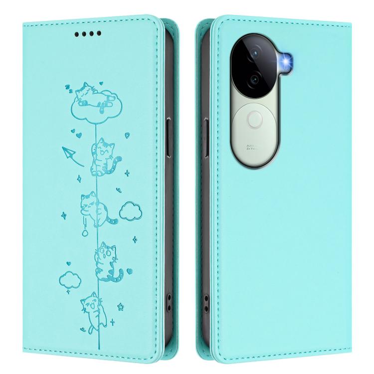 For vivo V40e 5G India / iQOO Z9s 5G Cute Cats Embossed Magnetic RFID Vegan Leather Phone Case
