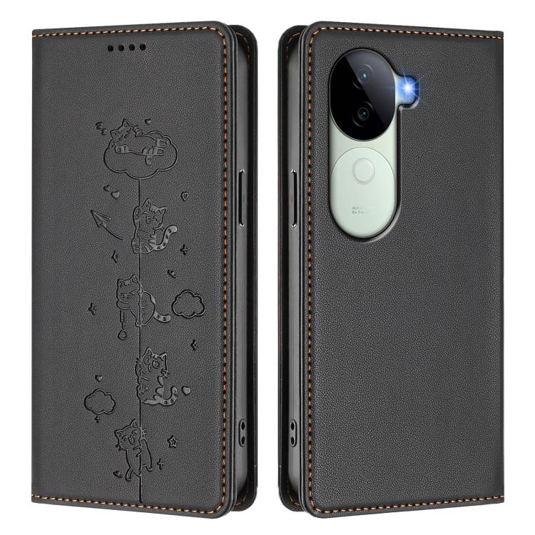 For vivo V40e 5G India / iQOO Z9s 5G Cute Cats Embossed Magnetic RFID Vegan Leather Phone Case