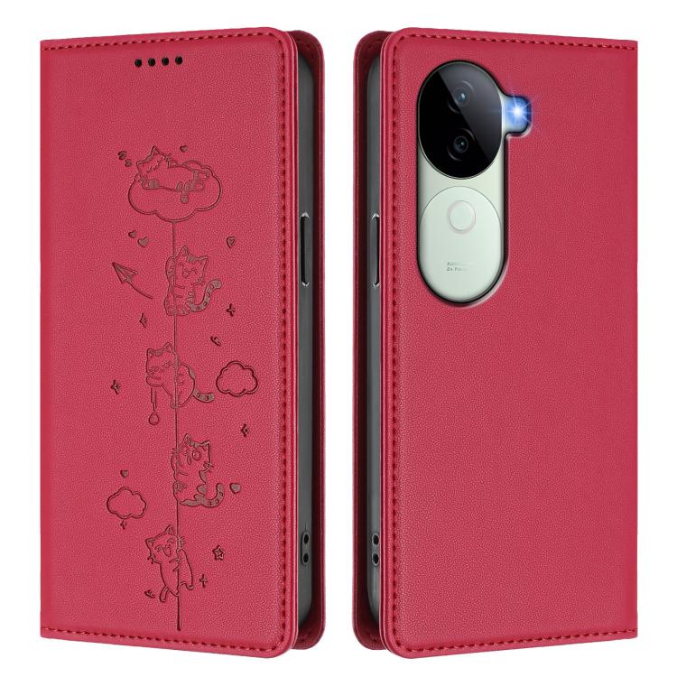 For vivo V40e 5G India / iQOO Z9s 5G Cute Cats Embossed Magnetic RFID Vegan Leather Phone Case
