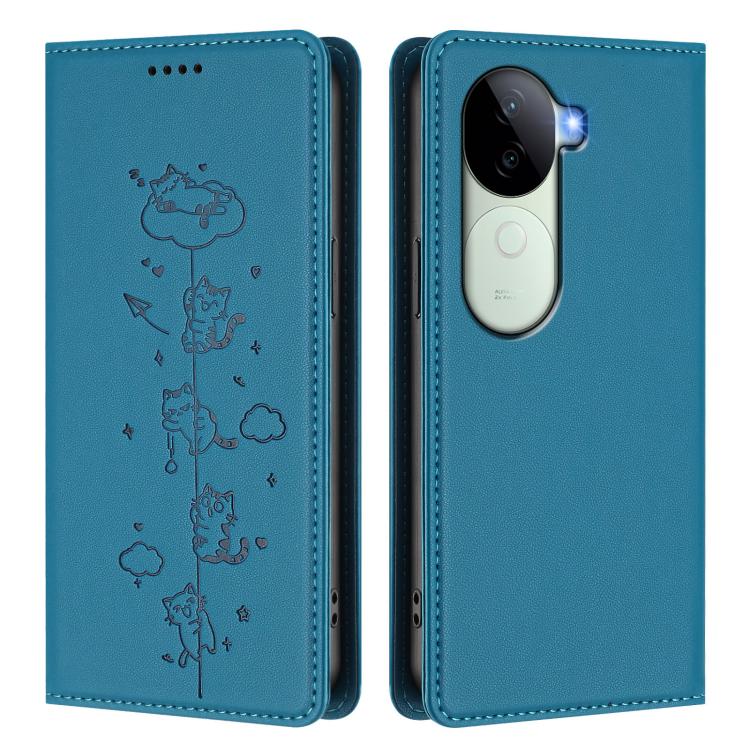 For vivo V40e 5G India / iQOO Z9s 5G Cute Cats Embossed Magnetic RFID Vegan Leather Phone Case