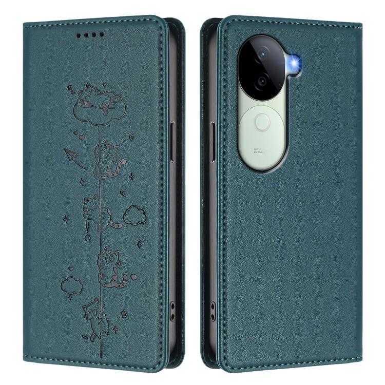 For vivo V40e 5G India / iQOO Z9s 5G Cute Cats Embossed Magnetic RFID Vegan Leather Phone Case