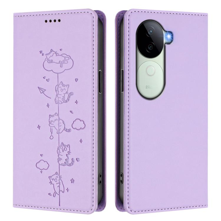 For vivo V40e 5G India / iQOO Z9s 5G Cute Cats Embossed Magnetic RFID Vegan Leather Phone Case
