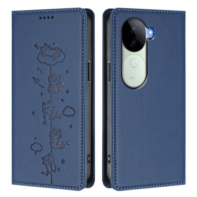For vivo V40e 5G India / iQOO Z9s 5G Cute Cats Embossed Magnetic RFID Vegan Leather Phone Case