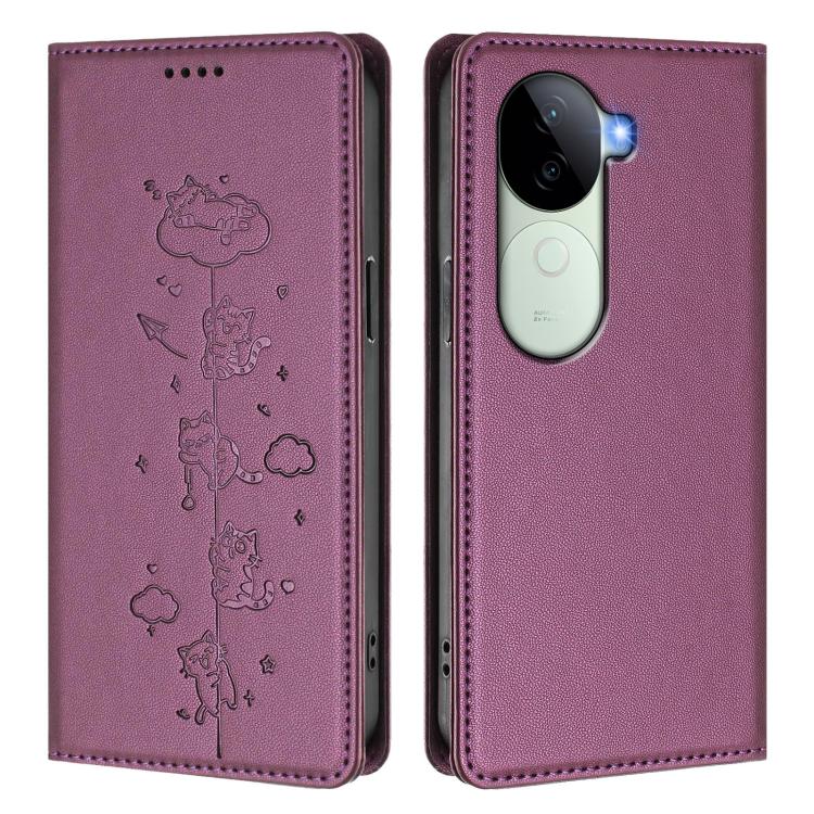 For vivo V40e 5G India / iQOO Z9s 5G Cute Cats Embossed Magnetic RFID Vegan Leather Phone Case