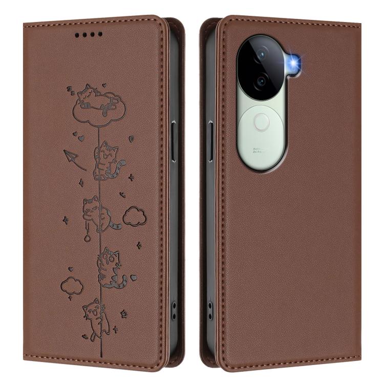 For vivo V40e 5G India / iQOO Z9s 5G Cute Cats Embossed Magnetic RFID Vegan Leather Phone Case