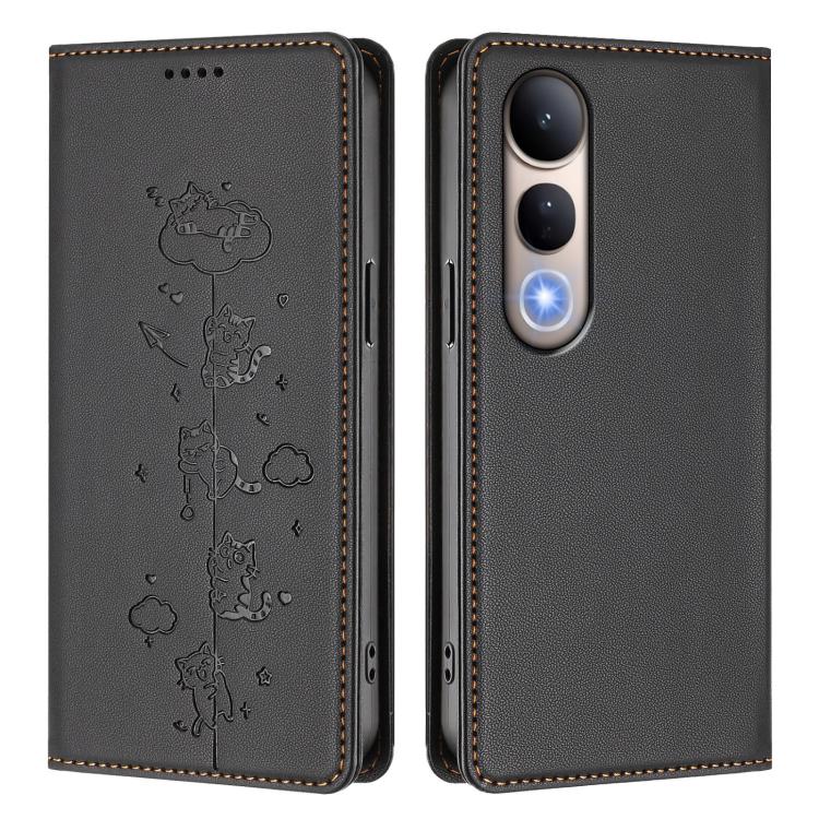 For vivo V50 Lite 5G / 4G Cute Cats Embossed Magnetic RFID Vegan Leather Phone Case