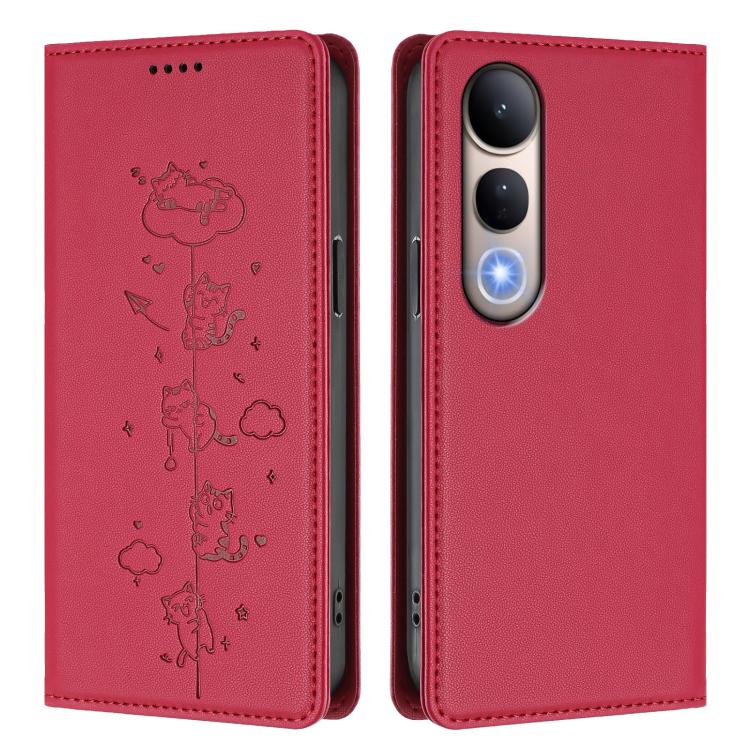 For vivo V50 Lite 5G / 4G Cute Cats Embossed Magnetic RFID Vegan Leather Phone Case
