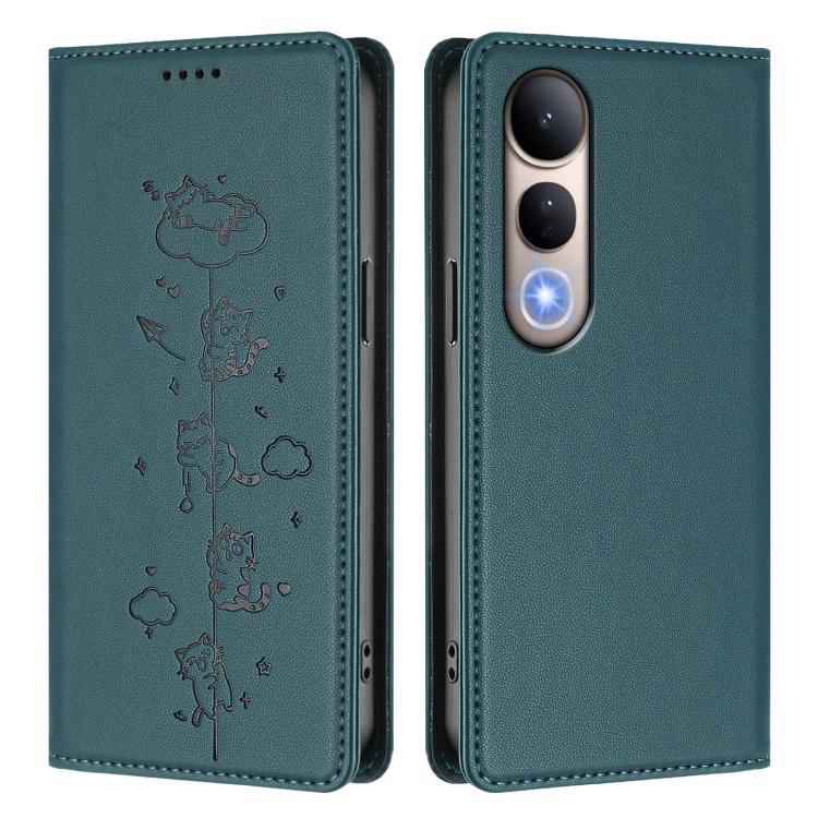 For vivo V50 Lite 5G / 4G Cute Cats Embossed Magnetic RFID Vegan Leather Phone Case