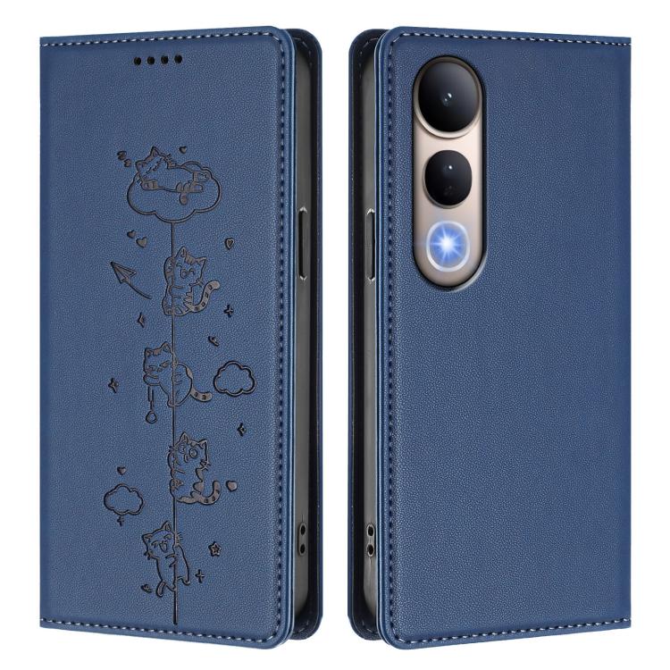 For vivo V50 Lite 5G / 4G Cute Cats Embossed Magnetic RFID Vegan Leather Phone Case