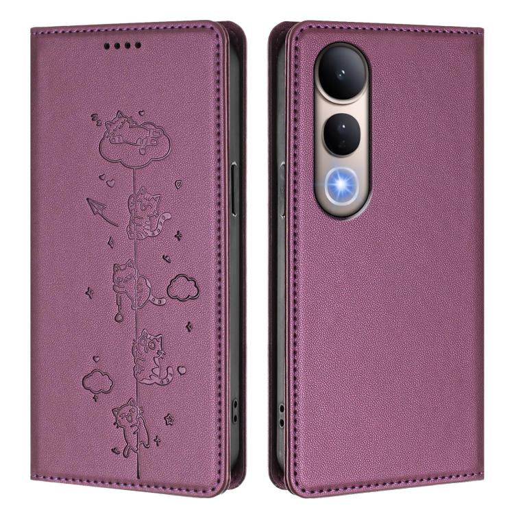 For vivo V50 Lite 5G / 4G Cute Cats Embossed Magnetic RFID Vegan Leather Phone Case