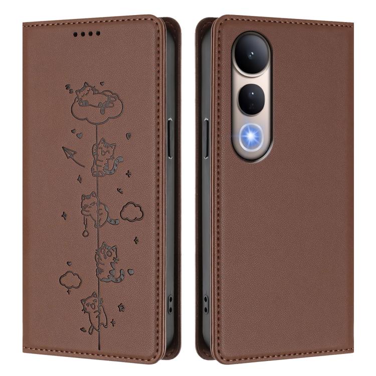 For vivo V50 Lite 5G / 4G Cute Cats Embossed Magnetic RFID Vegan Leather Phone Case