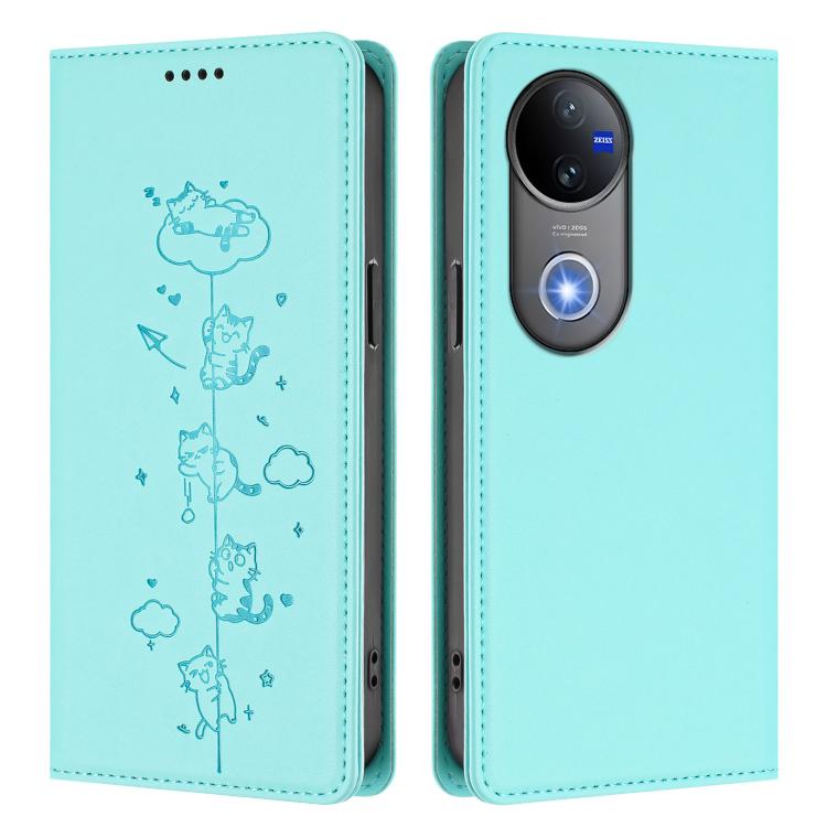 For vivo V50 5G / V50e 5G Cute Cats Embossed Magnetic RFID Vegan Leather Phone Case