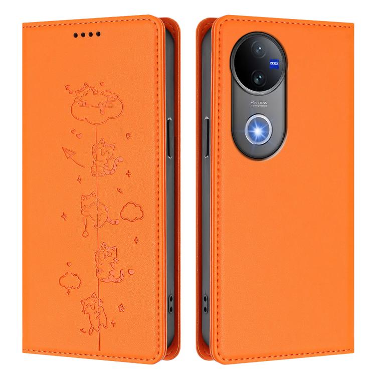 For vivo V50 5G / V50e 5G Cute Cats Embossed Magnetic RFID Vegan Leather Phone Case