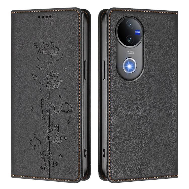 For vivo V50 5G / V50e 5G Cute Cats Embossed Magnetic RFID Vegan Leather Phone Case