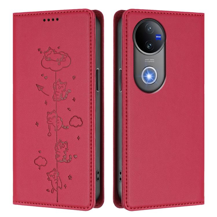 For vivo V50 5G / V50e 5G Cute Cats Embossed Magnetic RFID Vegan Leather Phone Case
