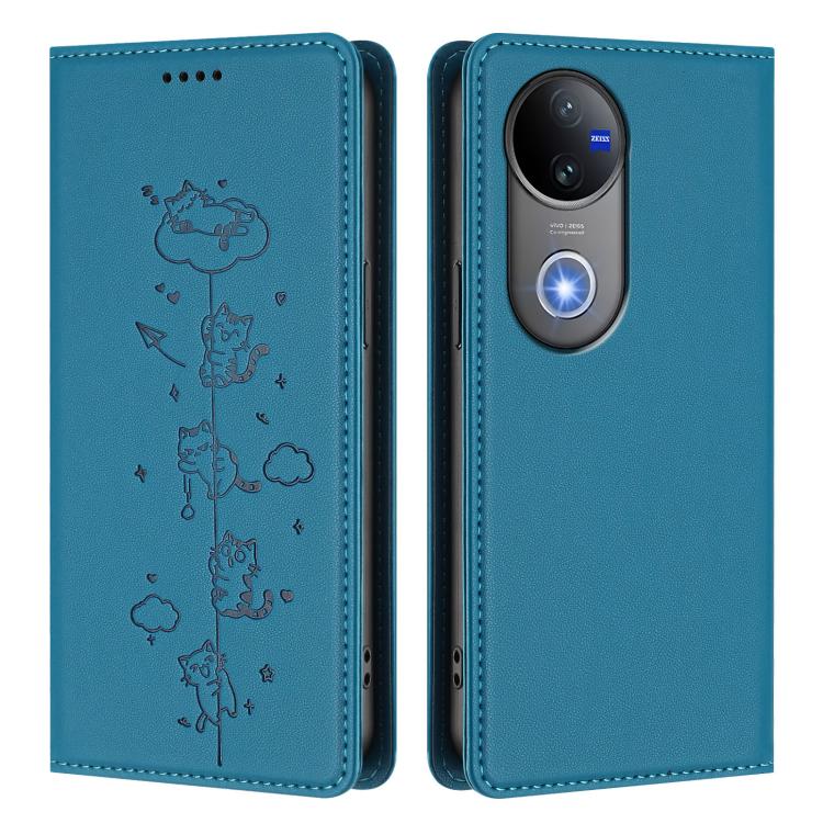 For vivo V50 5G / V50e 5G Cute Cats Embossed Magnetic RFID Vegan Leather Phone Case