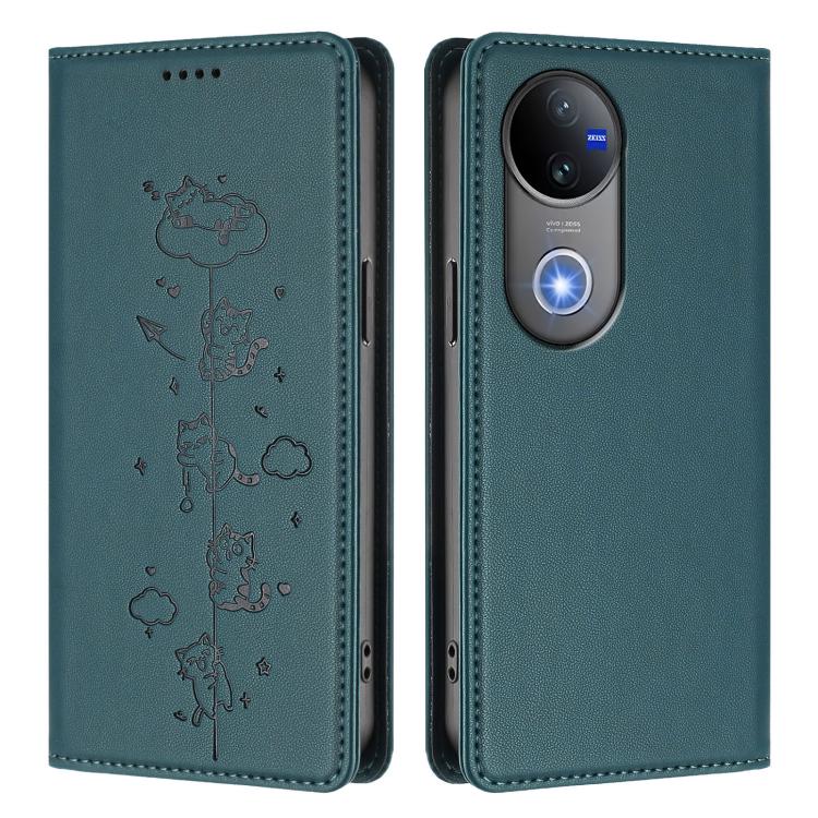 For vivo V50 5G / V50e 5G Cute Cats Embossed Magnetic RFID Vegan Leather Phone Case