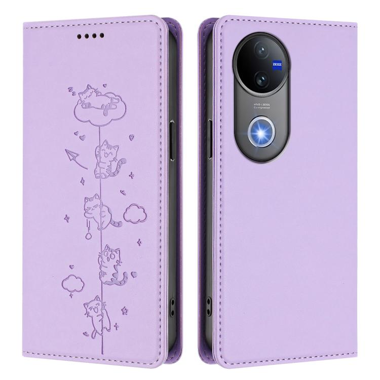 For vivo V50 5G / V50e 5G Cute Cats Embossed Magnetic RFID Vegan Leather Phone Case