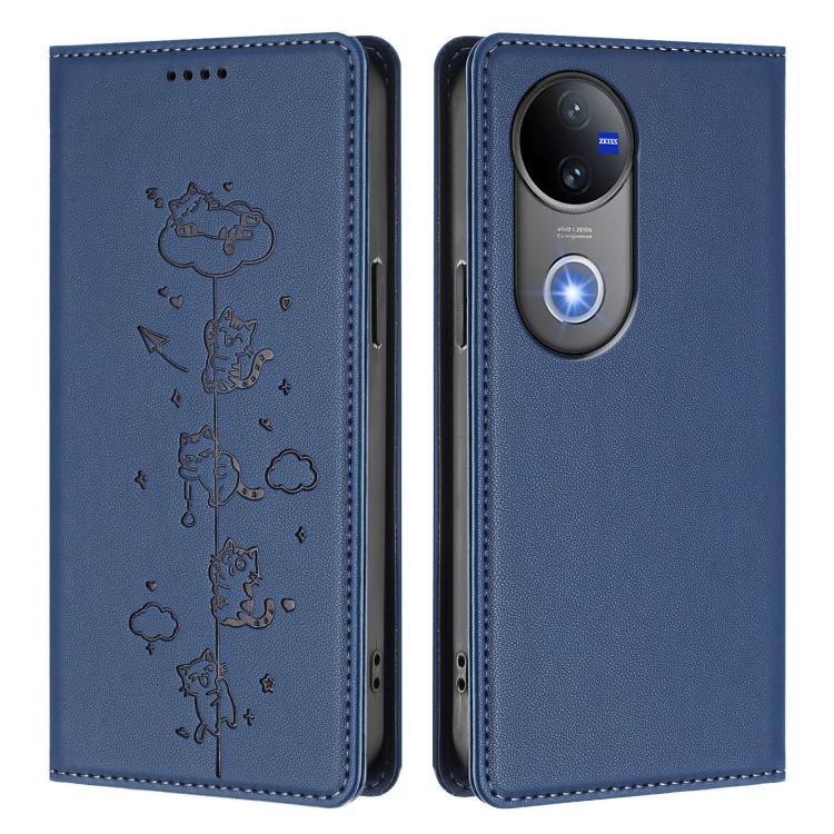 For vivo V50 5G / V50e 5G Cute Cats Embossed Magnetic RFID Vegan Leather Phone Case