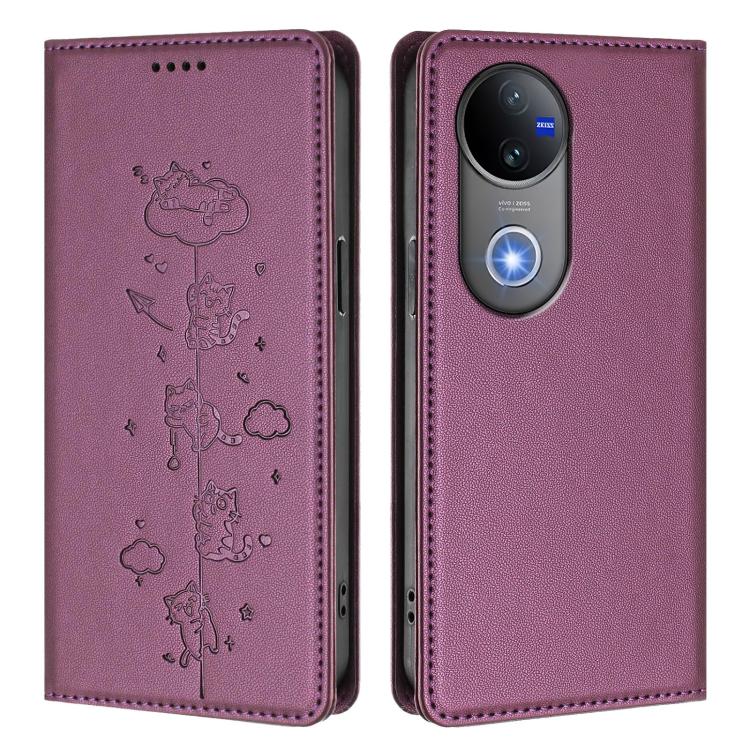 For vivo V50 5G / V50e 5G Cute Cats Embossed Magnetic RFID Vegan Leather Phone Case