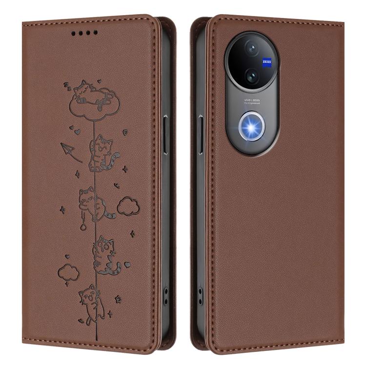 For vivo V50 5G / V50e 5G Cute Cats Embossed Magnetic RFID Vegan Leather Phone Case