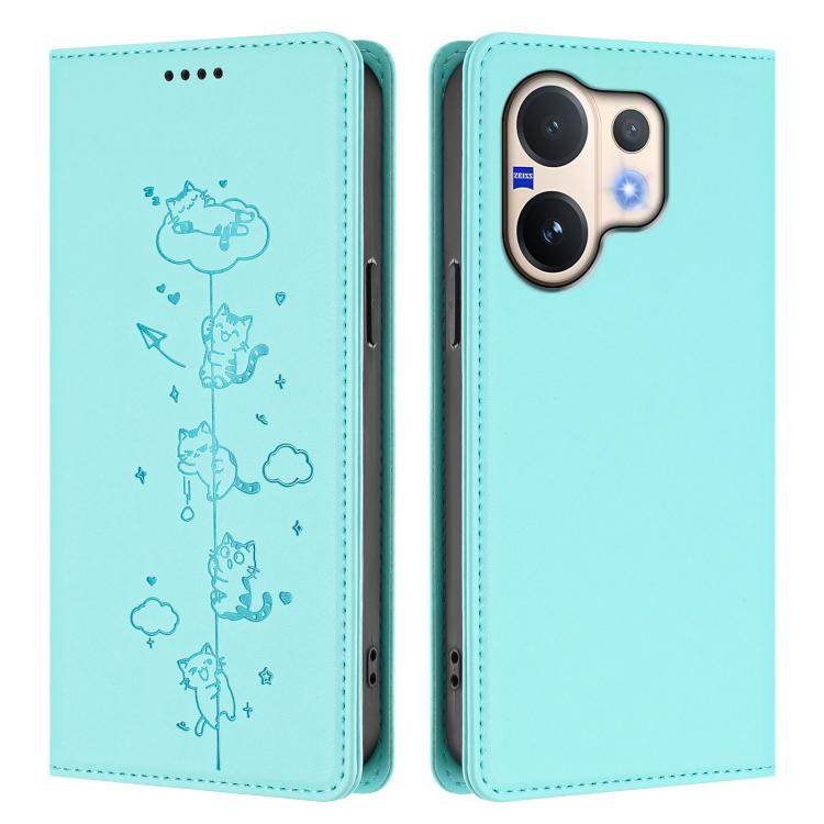 For vivo V60 5G / V60e 5G Cute Cats Embossed Magnetic RFID Vegan Leather Phone Case