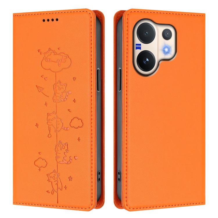 For vivo V60 5G / V60e 5G Cute Cats Embossed Magnetic RFID Vegan Leather Phone Case