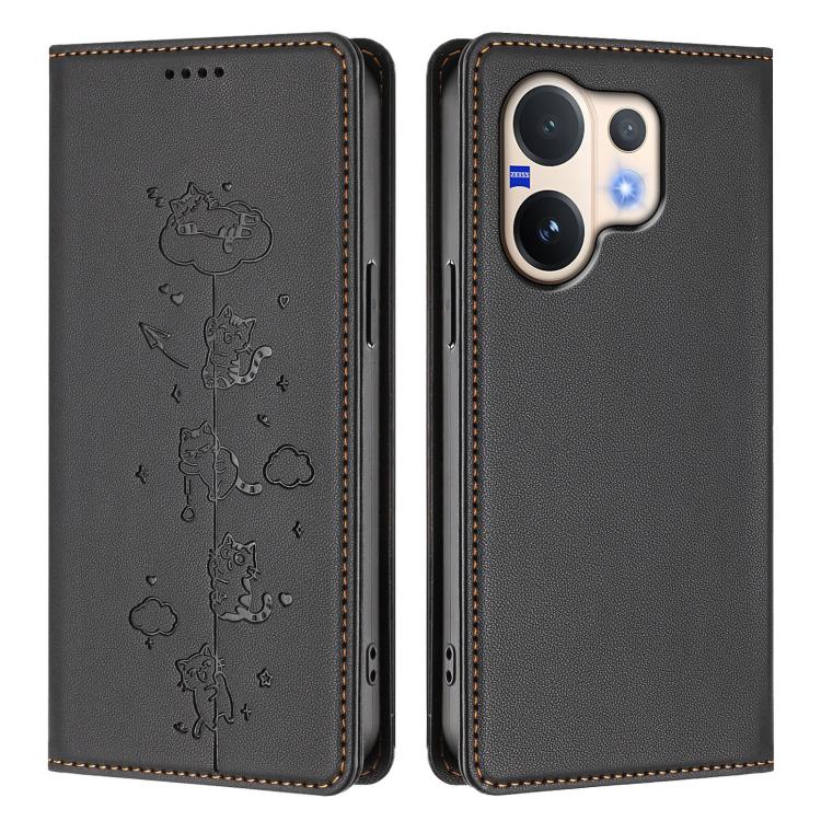 For vivo V60 5G / V60e 5G Cute Cats Embossed Magnetic RFID Vegan Leather Phone Case
