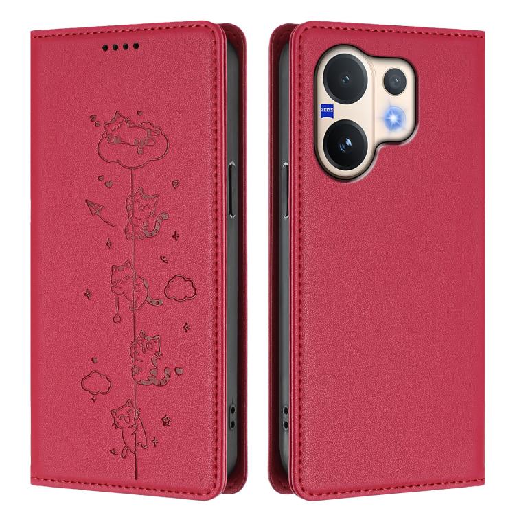 For vivo V60 5G / V60e 5G Cute Cats Embossed Magnetic RFID Vegan Leather Phone Case