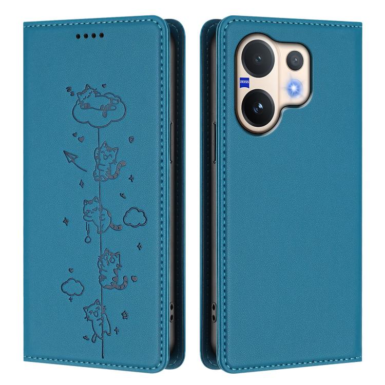 For vivo V60 5G / V60e 5G Cute Cats Embossed Magnetic RFID Vegan Leather Phone Case