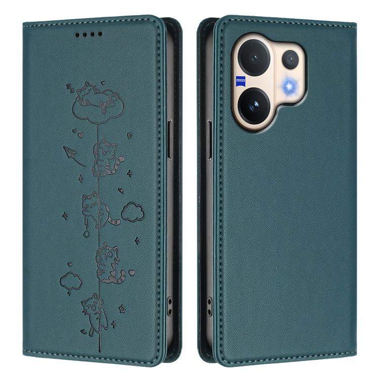 For vivo V60 5G / V60e 5G Cute Cats Embossed Magnetic RFID Vegan Leather Phone Case
