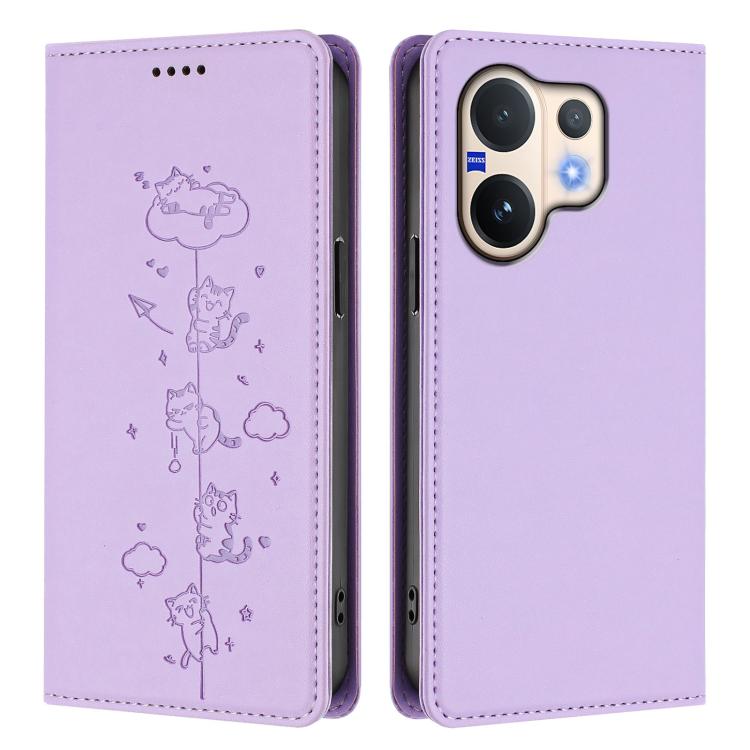 For vivo V60 5G / V60e 5G Cute Cats Embossed Magnetic RFID Vegan Leather Phone Case