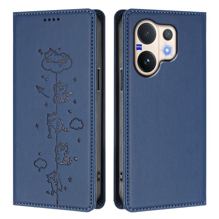 For vivo V60 5G / V60e 5G Cute Cats Embossed Magnetic RFID Vegan Leather Phone Case