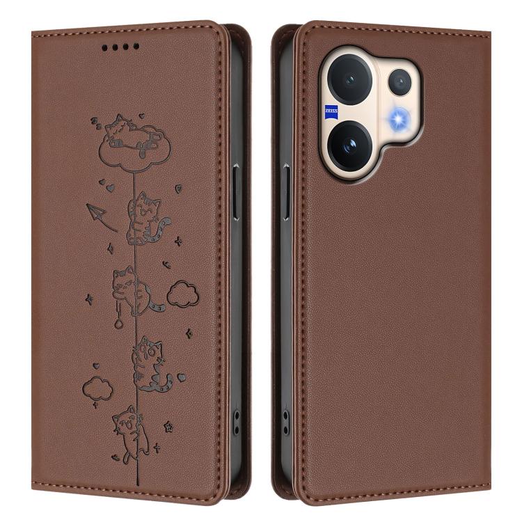 For vivo V60 5G / V60e 5G Cute Cats Embossed Magnetic RFID Vegan Leather Phone Case