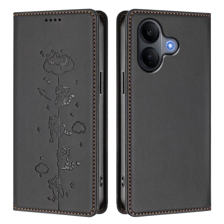 For vivo V60 Lite 5G Cute Cats Embossed Magnetic RFID Vegan Leather Phone Case
