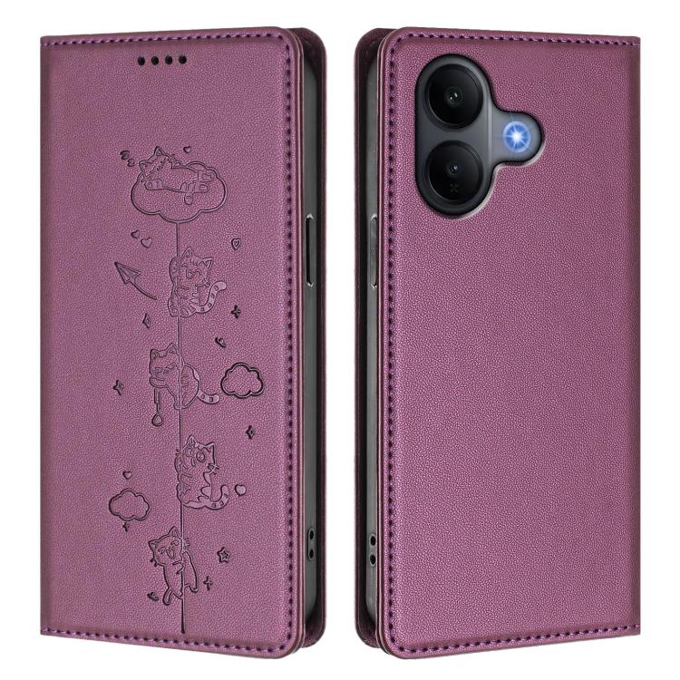 For vivo V60 Lite 5G Cute Cats Embossed Magnetic RFID Vegan Leather Phone Case