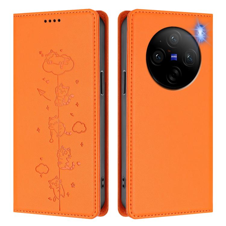 For vivo X100 5G Cute Cats Embossed Magnetic RFID Vegan Leather Phone Case