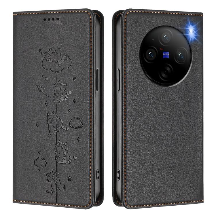 For vivo X100 5G Cute Cats Embossed Magnetic RFID Vegan Leather Phone Case