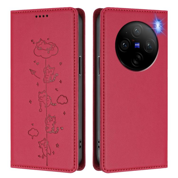 For vivo X100 5G Cute Cats Embossed Magnetic RFID Vegan Leather Phone Case